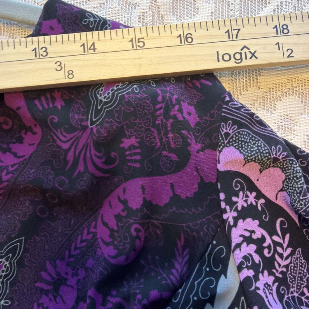 Purple Paisley Black Whimsigoth Ruched V-Neck Moody Dress. 12 Meas In Pics. - Picture 5 of 8